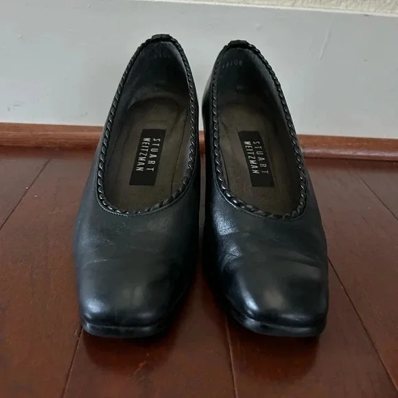 Stuart Weitzman Leather Pumps Black Acetate Trim Square-toes block heels size 7 - Picture 5 of 10